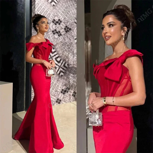 Single Sleeve with Bow Red Long Bodycon Dress