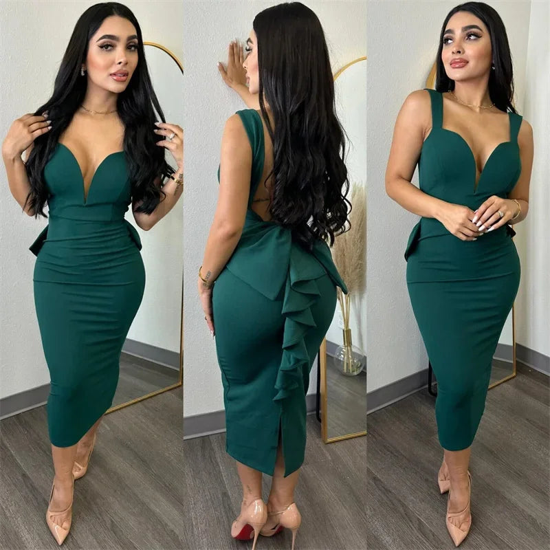 Plunging V-neck Backless Bowknot Ruffles Bodycon Dress