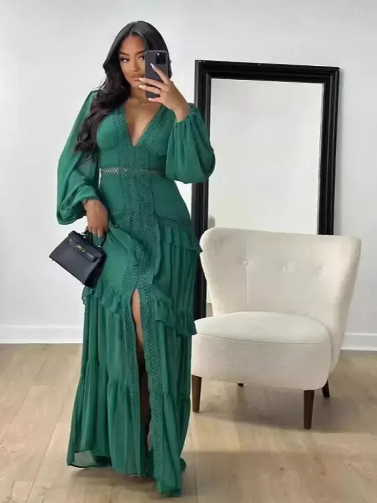 Elegant Layered Ruffles Patchwork Long Dress Chic