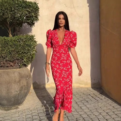 Elegant Vintage V-Neck Puff Sleeve Dress