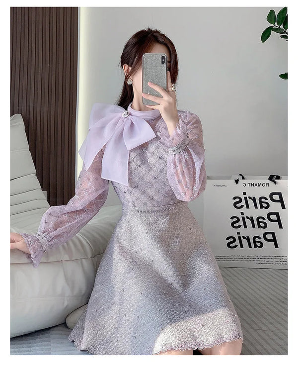Elegant Bubble Long Sleeve Stand Collar Embroidery A-Line Dress
