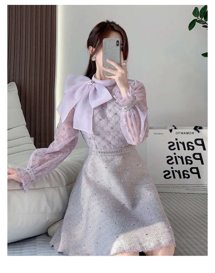 Elegant Bubble Long Sleeve Stand Collar Embroidery A-Line Dress