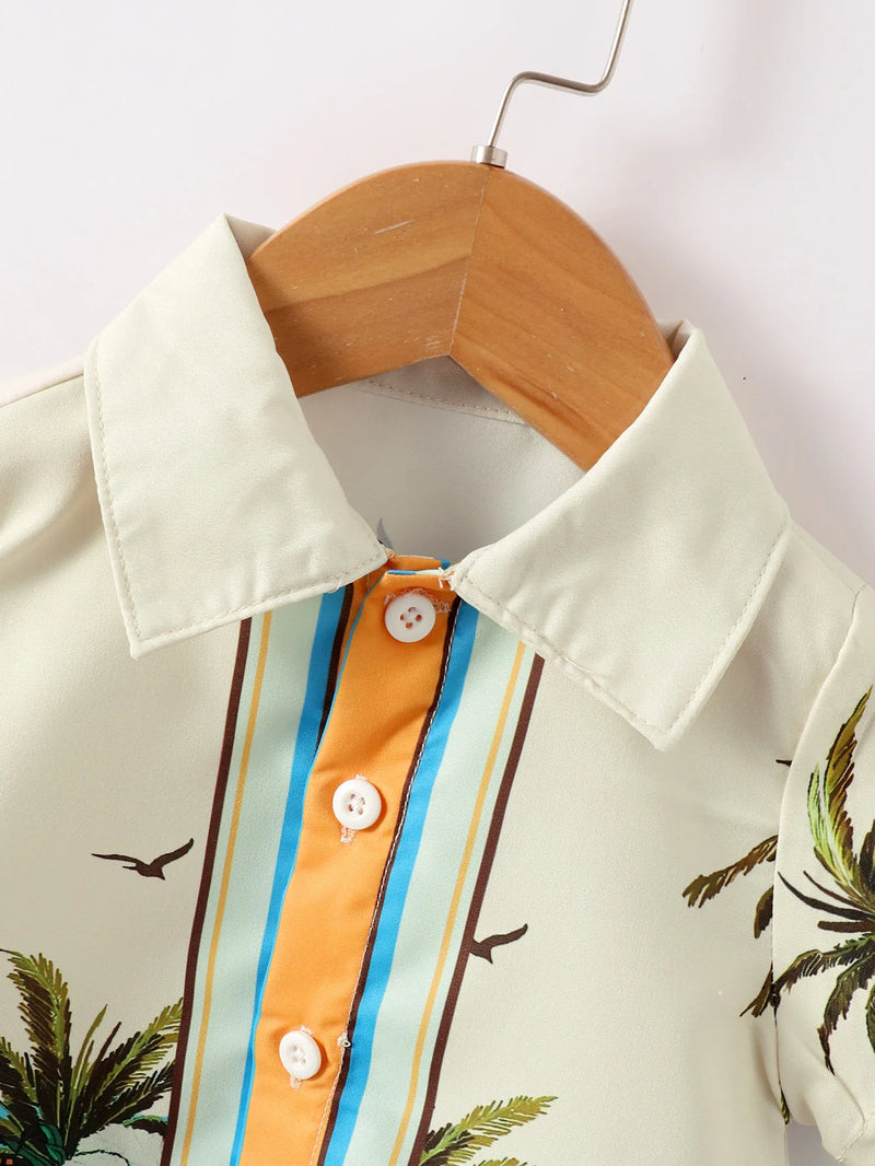 Polo Collar Color Contrast Plant Leaf Print Short Sleeve Loose Pants