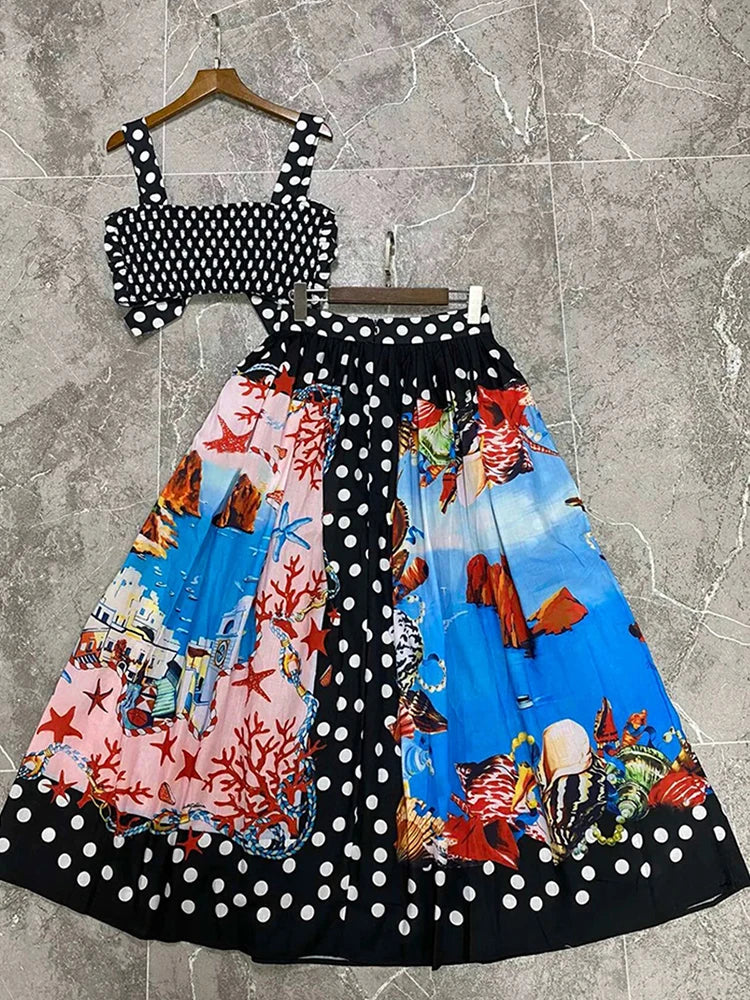 Retro Polka top halter wear + high waist geometric print loose skirt set