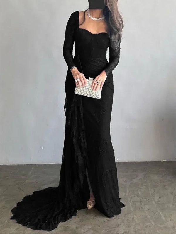 Elegant Lace Square Neck Long Sleeves Skinny Dress