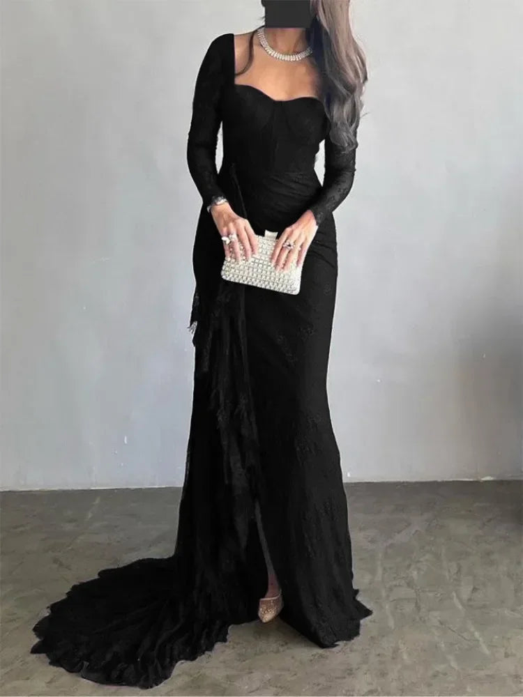 Elegant Lace Square Neck Long Sleeves Skinny Dress