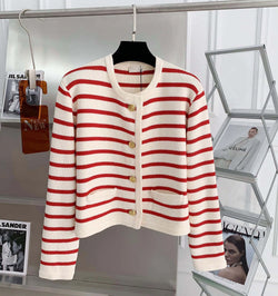 Stripe Knitted Cardigans O-neck Single Breasted Long Sleeve Crop Top