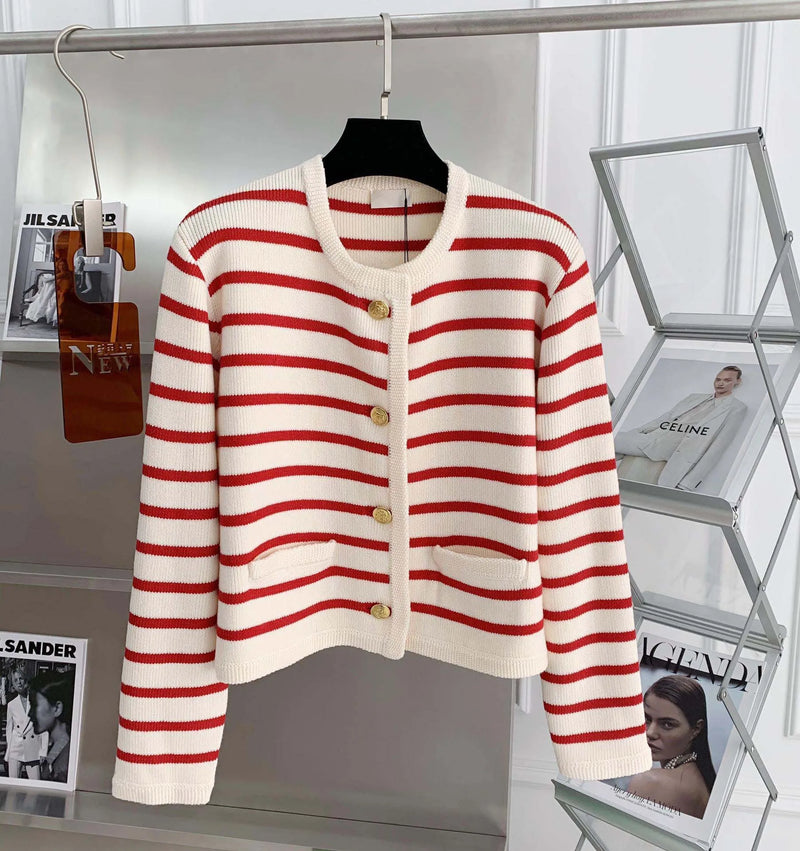 Stripe Knitted Cardigans O-neck Single Breasted Long Sleeve Crop Top