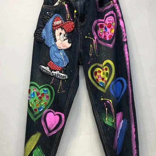 Fashion Graffiti Cartoon Beading Women Jeans