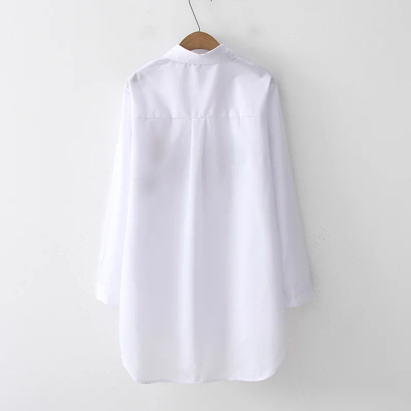 New White Button Long Sleeve Cotton Blouse Embroidery
