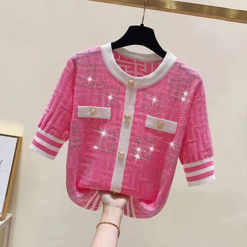 Short Sleeve Knitting Geometric Thin O-neck Pullover Top Tee