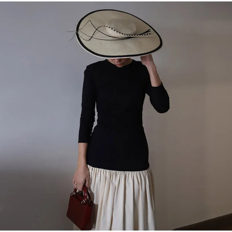 Chic Contrast Spliced Pleated Hem Women's Dress