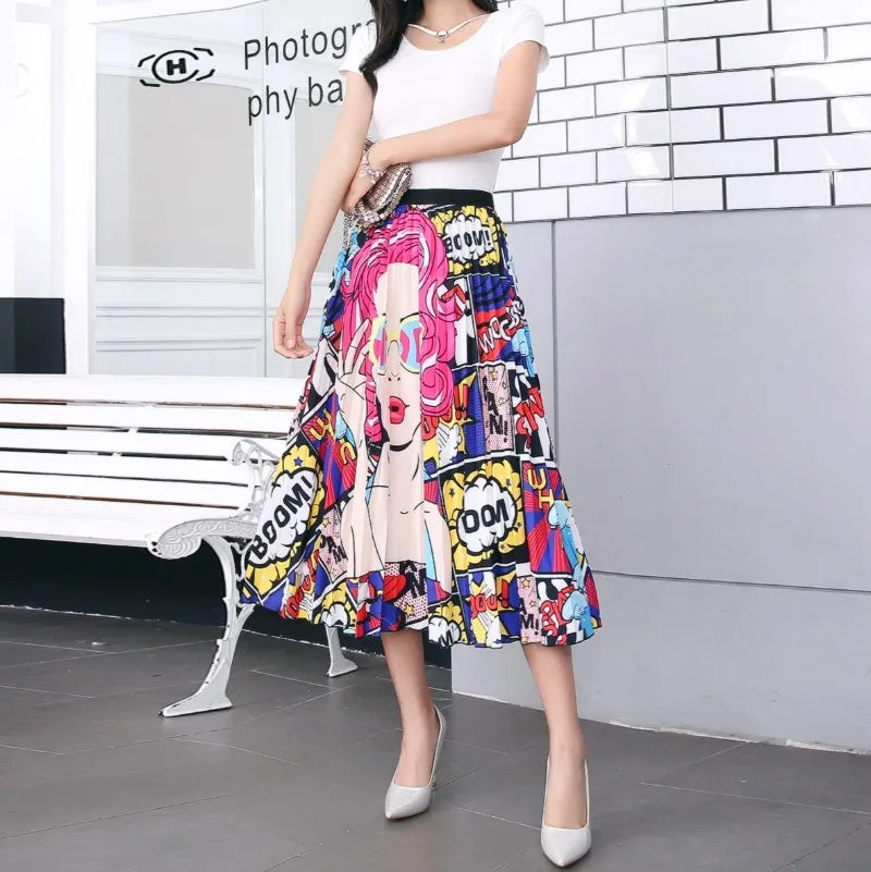 Cartoon Print Pleated Long High Waist A-Line Elastic Blue Pink Skirt