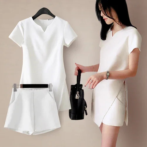 White Black Suit Split Shirt and Shorts Summer Two-piece