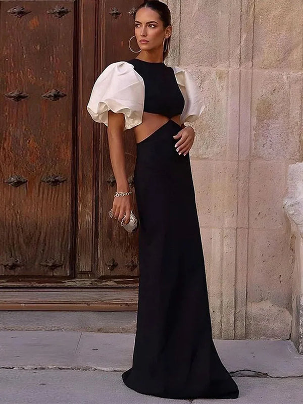 Elegant Puff Sleeve Hollow Out Waist Dress