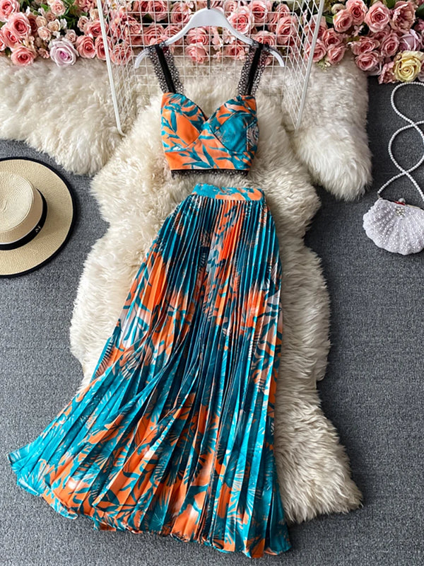 Floral Short Strapless Top And High Waist Pleated Long Skirt