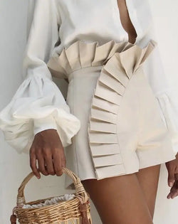 Solid Color Ruffled Ruched High Elastic Waist Shorts