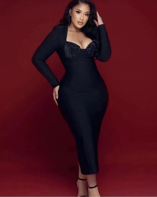 Long Sleeve Square Collar Rhinestones Bodycon Bandage Dress