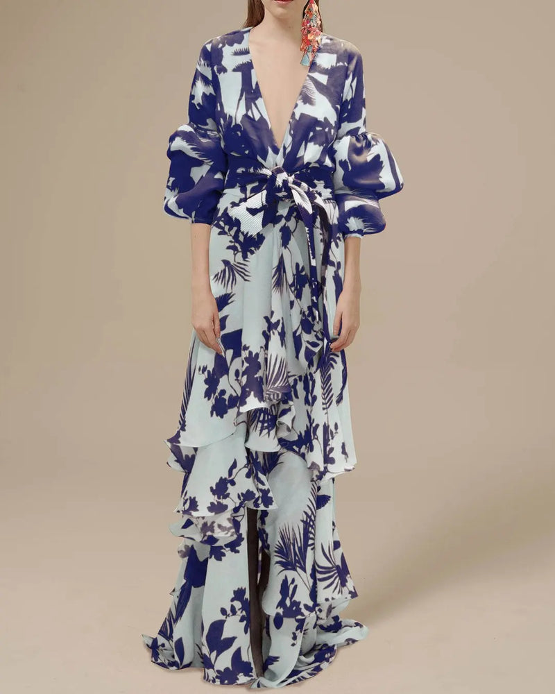 Elegant Deep V-neck Lantern Sleeve Long Dress