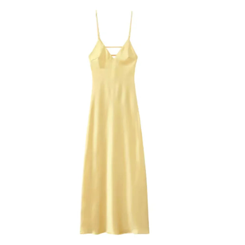 V-Neck Yellow Sexy Backless Casual Slim Stain Sling Long Dress
