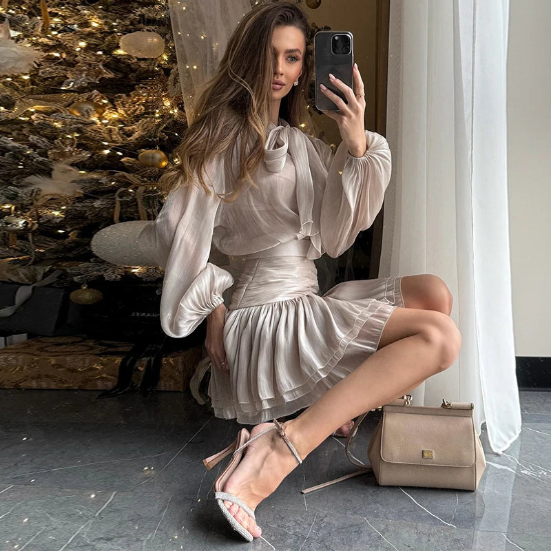 Chiffon Bow Tie Top High Waisted Mini Dress