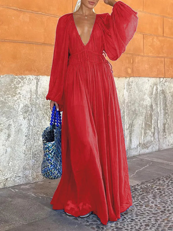 Summer Long Sleeve Deep V-Neck Elegant Dress
