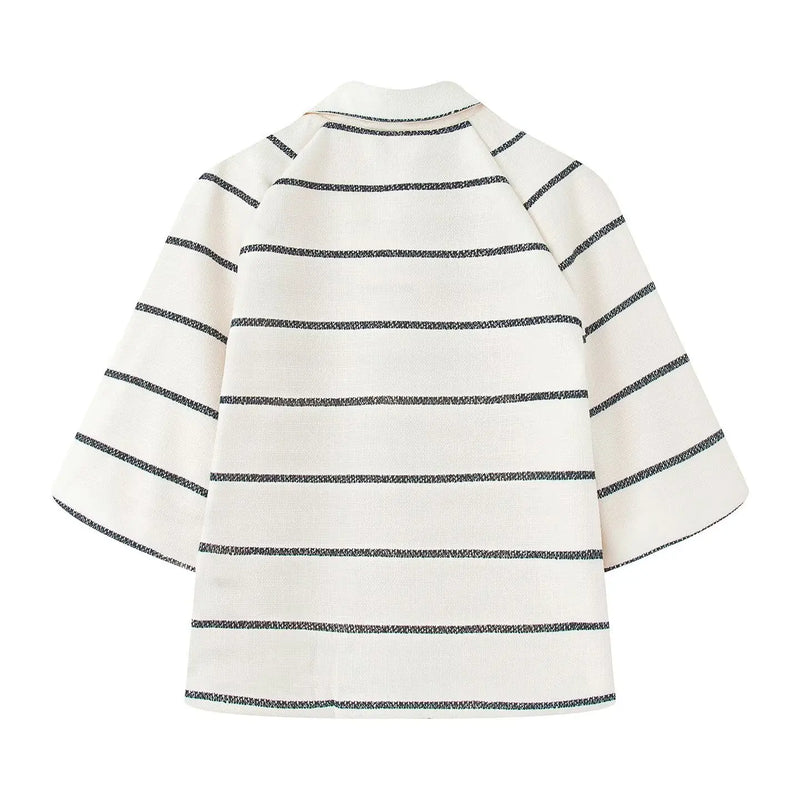 Striped Single-breasted Lapel Half Sleeves Tops Loose High Waist Short