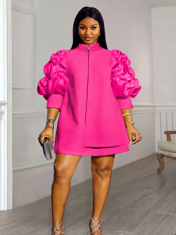 Elegant Lady Loose Purff Zipper Up Long Sleeve Mini Dress