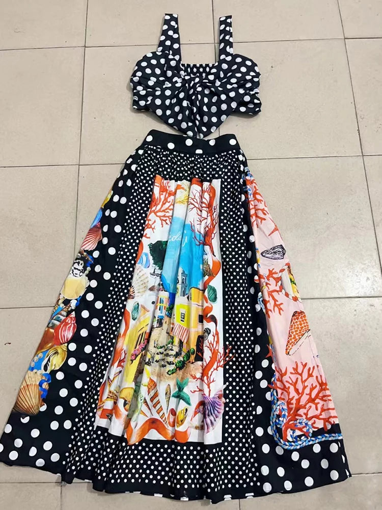 Retro Polka top halter wear + high waist geometric print loose skirt set