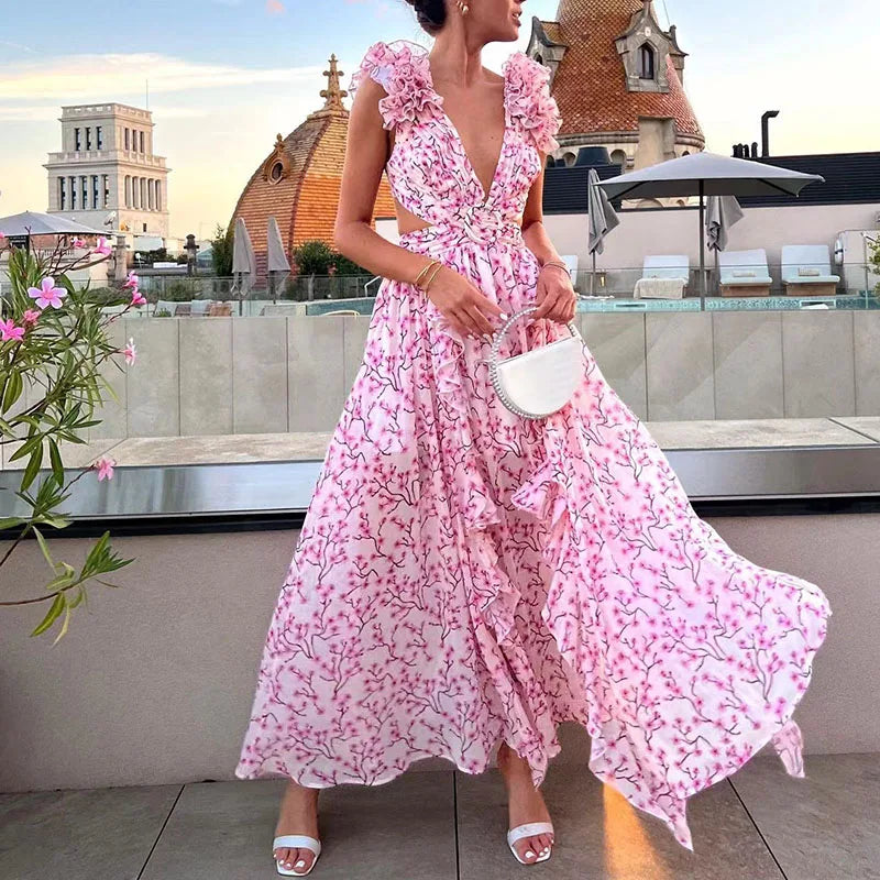 Elegant Floral Shoulder Deep V-neck Long Waist Ruffle Dress