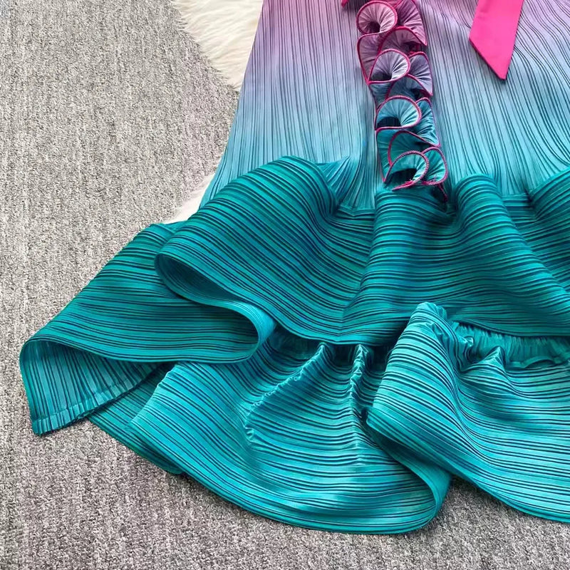 Ruffles Splice Gradient Color Pleated Dresses