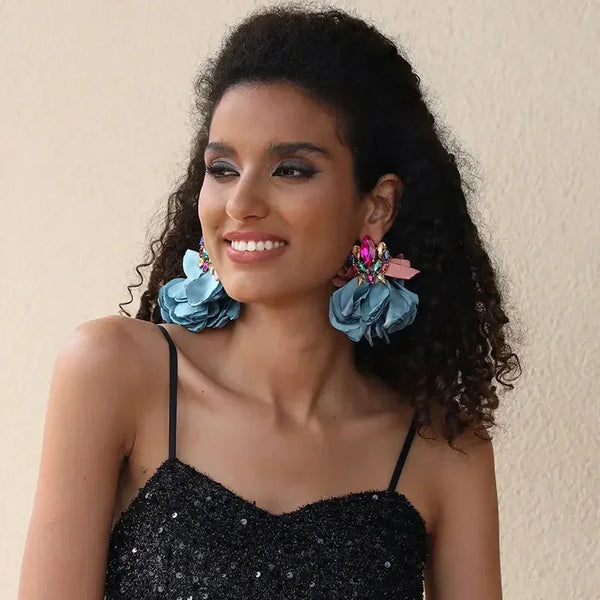 Charm Crystal Cubic Zircon Fabric Flower Big Earrings
