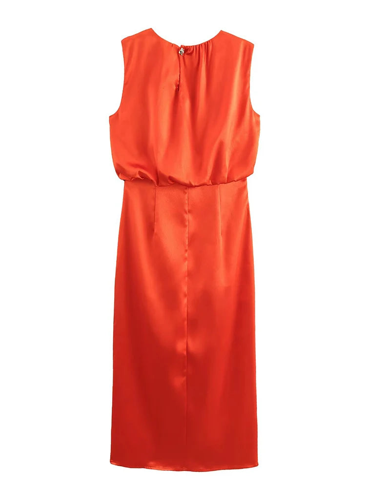 Elegant Pleated Summer O-neck Sleeveless Slim Dress