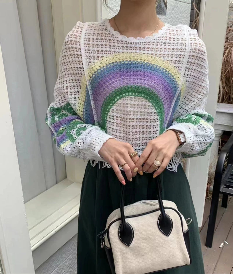 Embroidery Rainbow Crochet Top Sheer Openwork Pullover