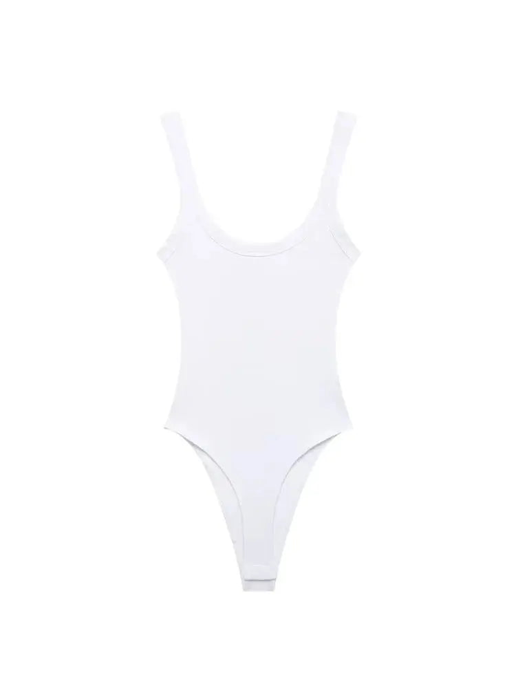 Skinny Ribbed Bodysuits O Neck, Straps, Snap-Button