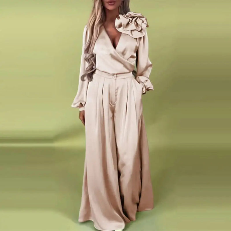 Flower Satin V Neck Long Sleeve Blouse High Waist Wide Leg Trousers