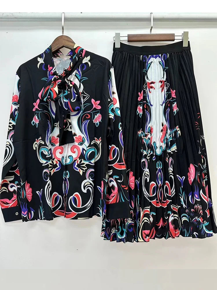 Retro lapel long sleeve geometric print shirt elastic waist big swing skirt