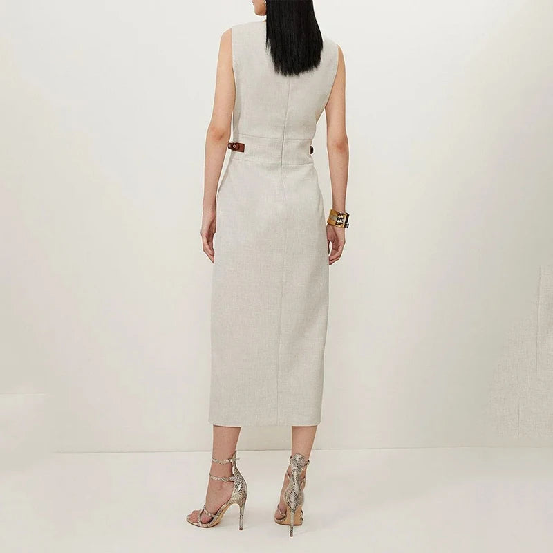 Camina Summer Sleeveless Round Neck Nipped Waist Long Dress