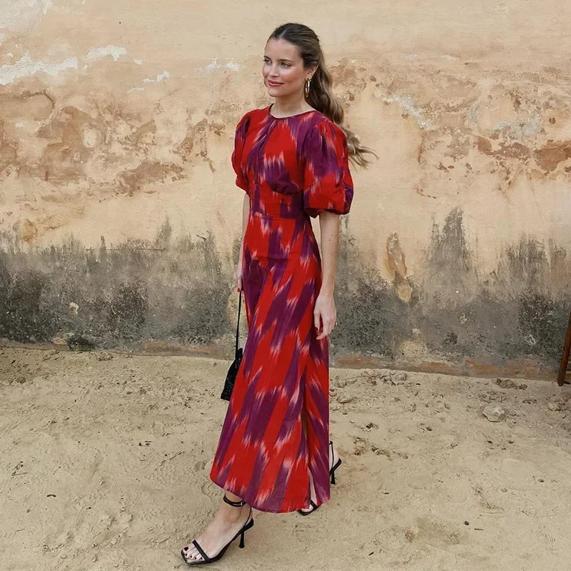 Summer Chic Print Short Puff Sleeves Split Long Dress