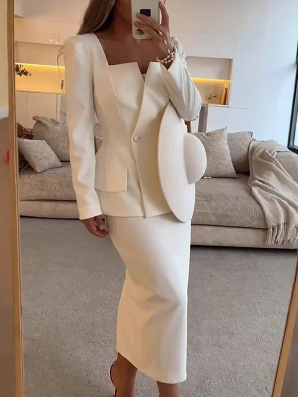 Elegant Blazer Breasted Square Collar Jacket And Midi Skirt