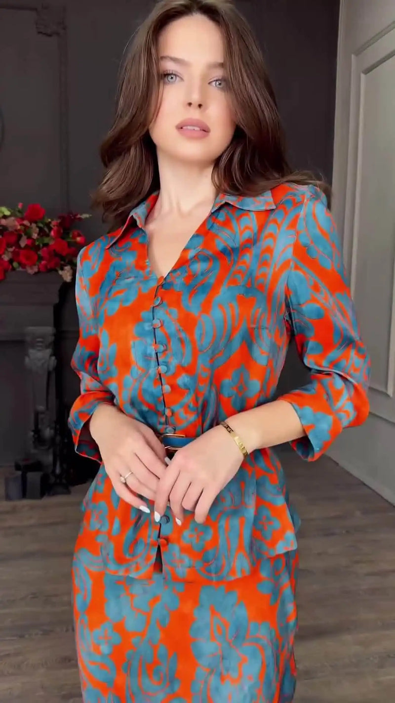 Two Piece Printed Shirt Single Breasted Long Skirt set