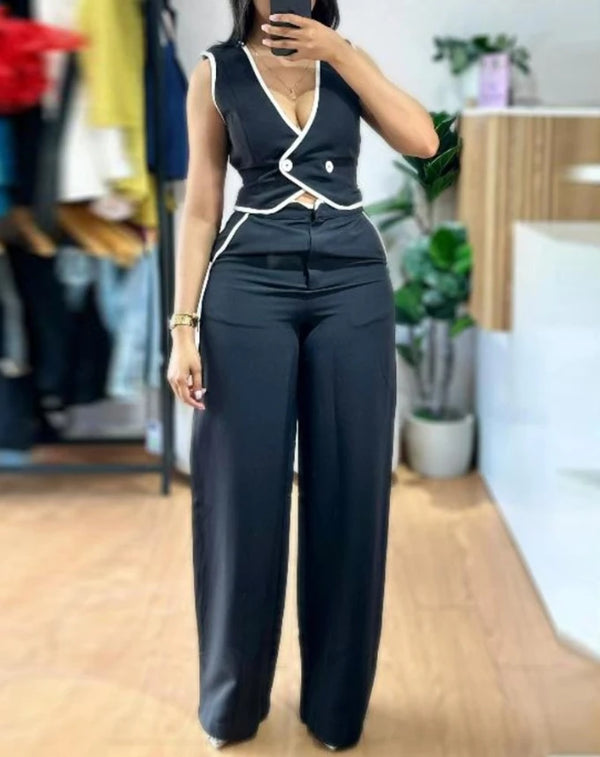 Two Piece Set V-Neck Sleeveless Vest Tank & Casual Wide Leg Pants