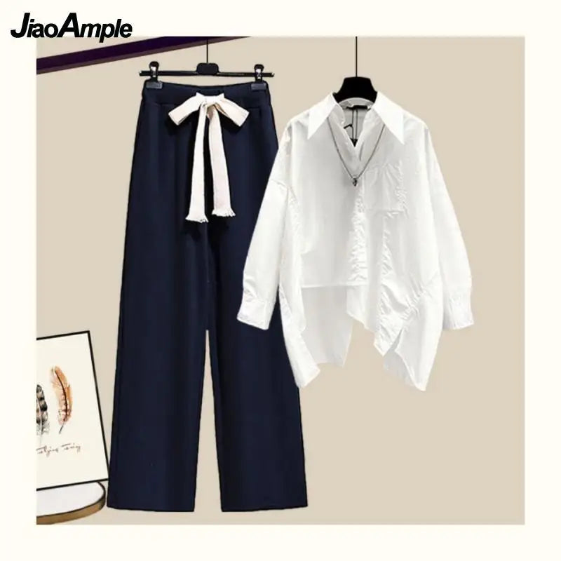 Splicing Shirt+Elastic Waist Wide Leg Pants Two Piece