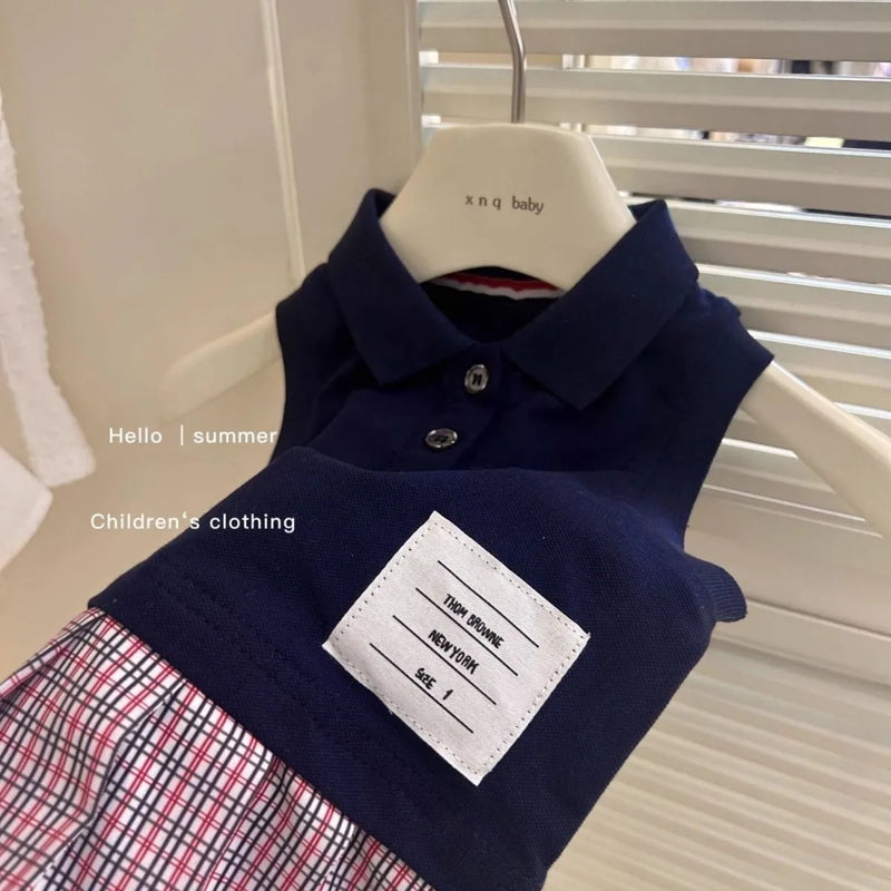 Tank Top Polo Collar Grid pleated Princess Dress