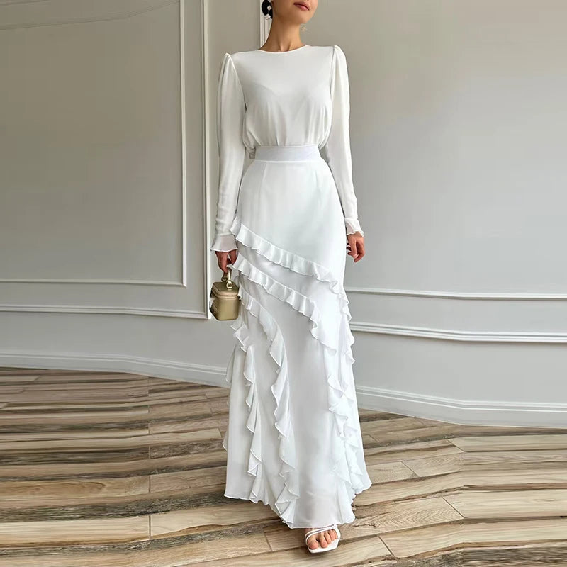 Elegant Summer New Pure Set Sexy O-neck Long Sleeve Tops Ruffles