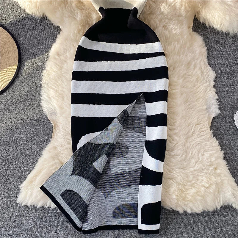 Elegant Vintage Striped Knitting Dress