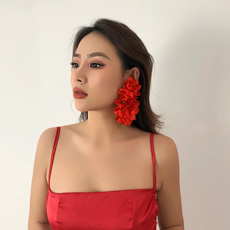 Salircon Bohemian Red Big Flower Drop Earrings Vintage