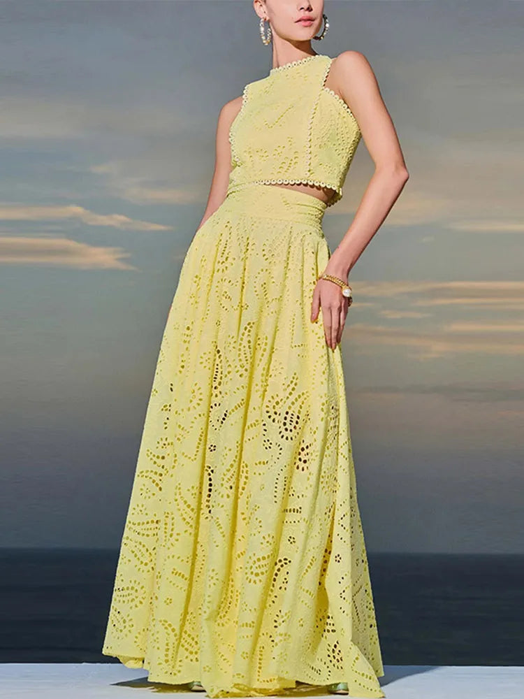 Sleeveless Top Half Skirt Set Embroidered Pocket Long Skirts