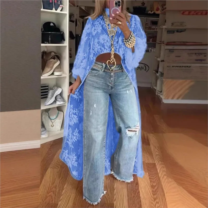Shirt Top With High Neck Puff Sleeve Through Hollow-Out Front Short After Long Top Blouse