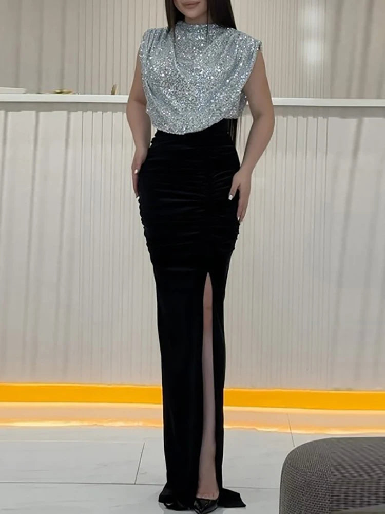 Sequins Stitching O Neck High Slit Long Dress
